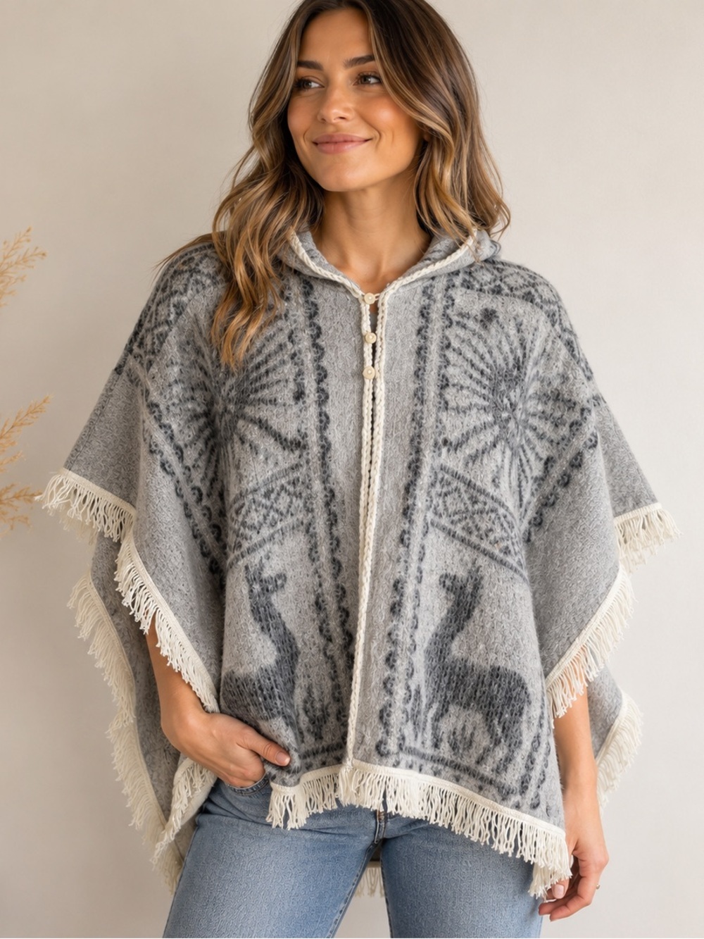 Vintage Alpaca Wool Poncho Cape Hooded Llama Fringe Peru Handmade Boho OS